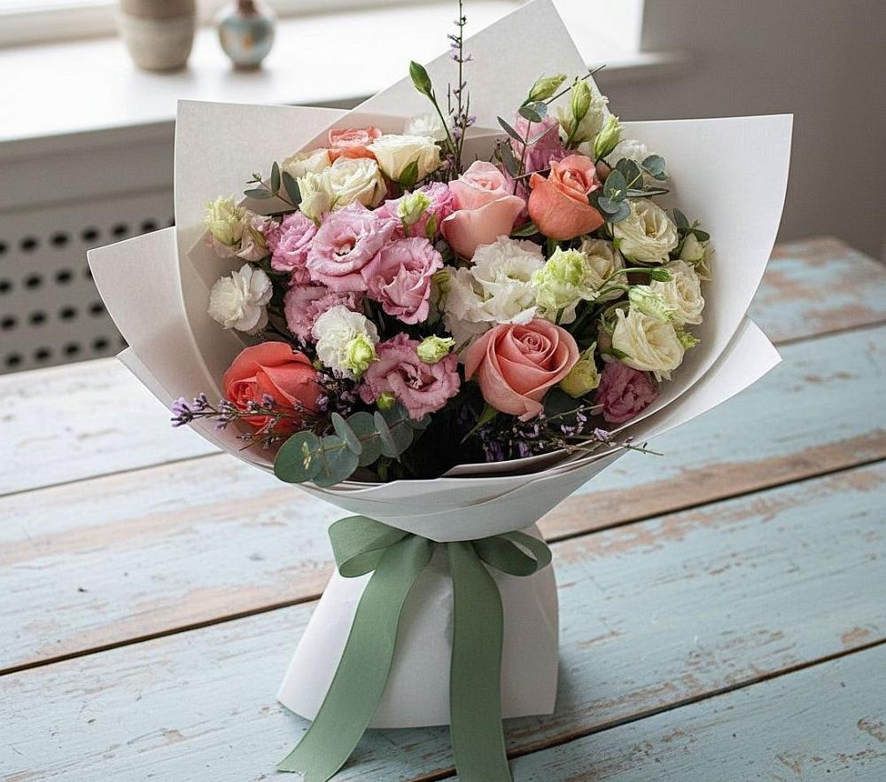 Букет цветов из: Розы, Лизиантусы и Гвоздики в Суре