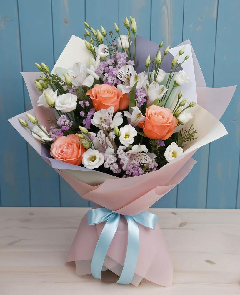 Букет цветов из: Лизиантусы, Розы, Альстромерии и Гипсофила в Суре